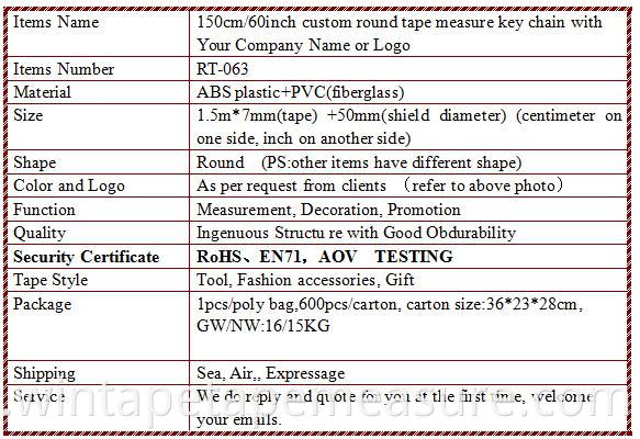 Mini llavero modificado para requisitos particulares de la cinta métrica del cuerpo del 1.50m para la cinta métrica de la ropa del sastre